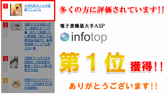 電子書籍最大手ASP infotop で、私のマニュアルが1位になることが出来ました。